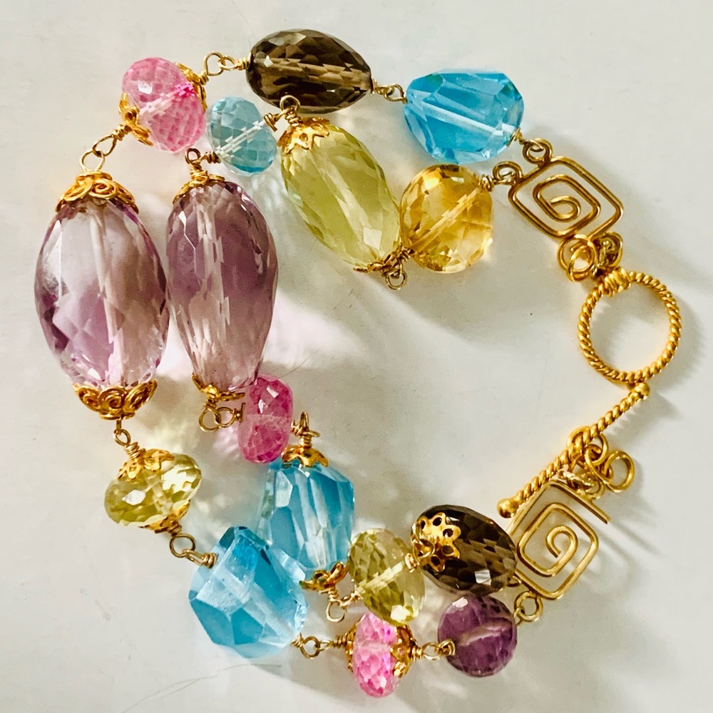 Multi Micro Faceted Big Gemstones Double Strand Bracelet Vermeil Sterling Silver